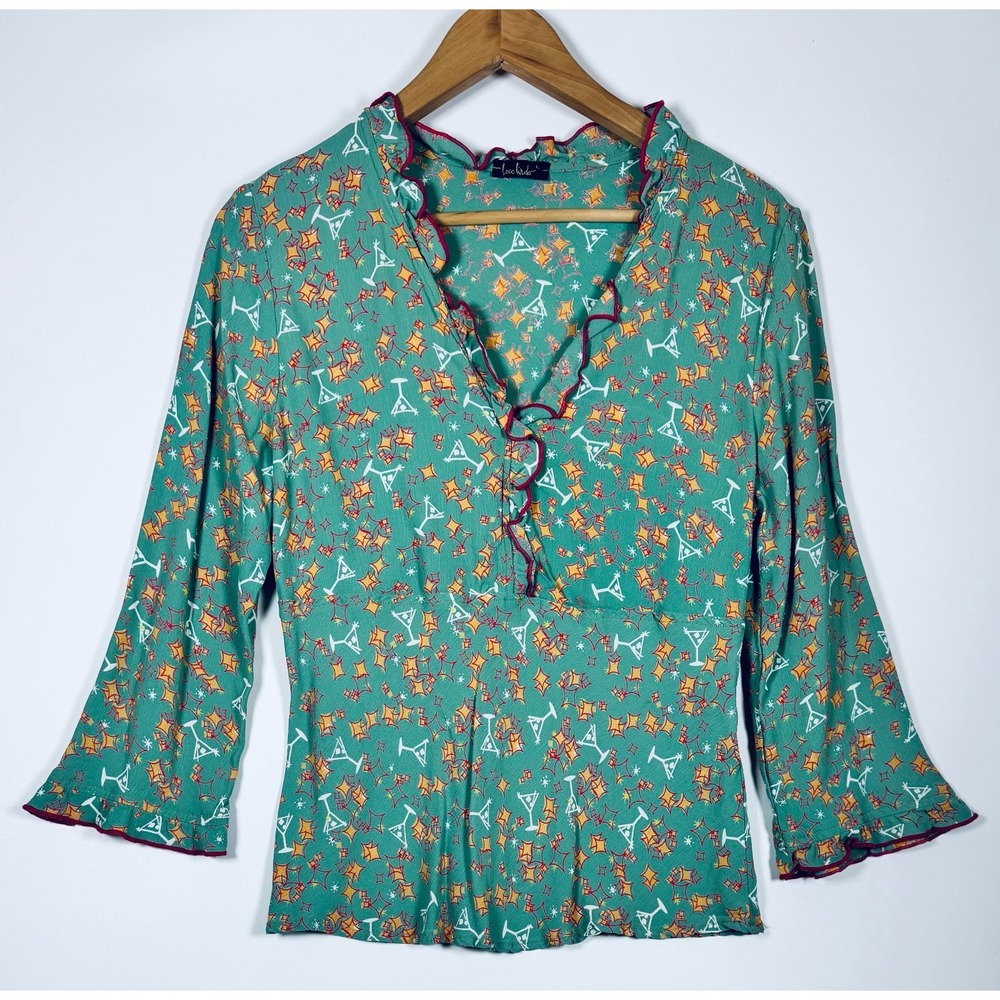 Loco Lindo Blouse Large Green Martini Cocktail Starburst Ruffle V Neck Pullover